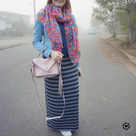 awayfromtheblue Instagram diamond print pink scarf pastel darren messenger bag with denim jacket stripe maxi skirt foggy outfit