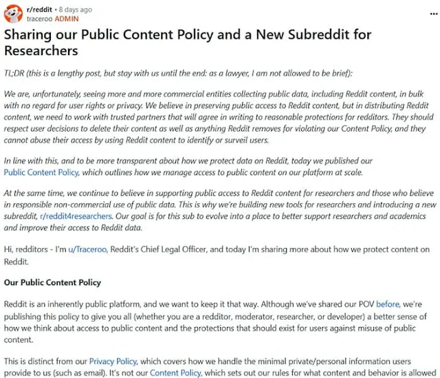 Public Content Policy and a New Subreddit for Researchers