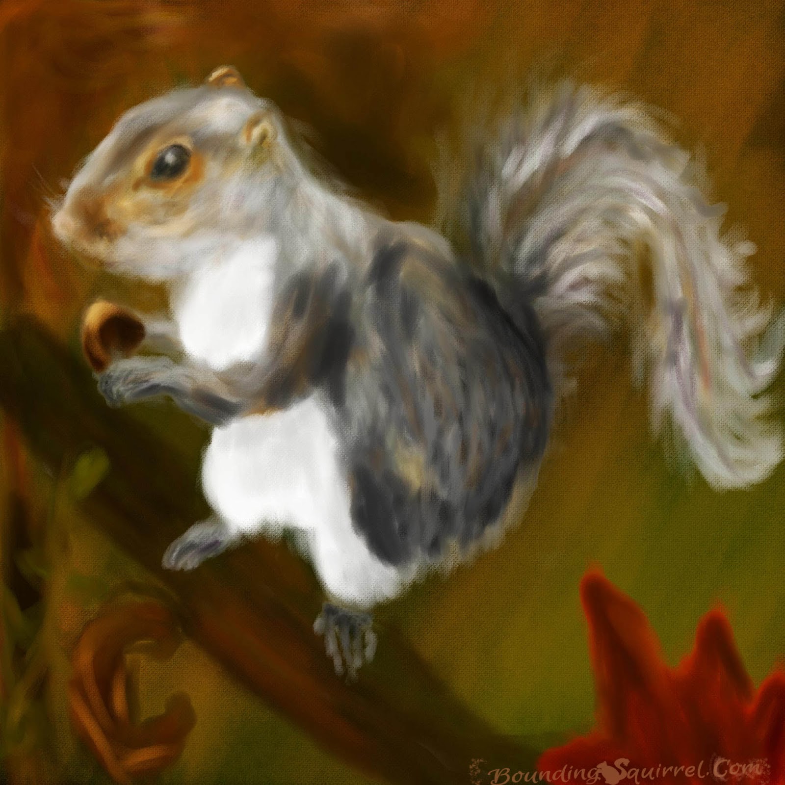 Digital painting of a grey squirrel surrounded by autumnal leaves, woods and colours.