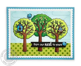 Sunny Studio Stamps: Seasonal Trees From Our Nest To Your Bird Card (using Frilly Frames Stripes Dies & Fluffy Clouds Dies)