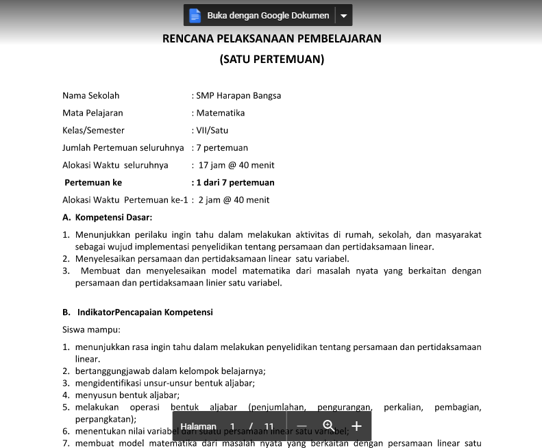 Contoh RPP Matematika Kls 1 SMP Semester 1 | Dunia Pendidikan