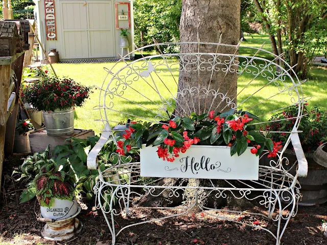 Upcycled Garage Sale Planter with Paint, Stencils & Dragon Wing Begonias