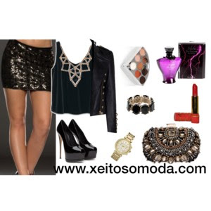 imagen look con minifalda fantasia dorada de xeitosomoda.com