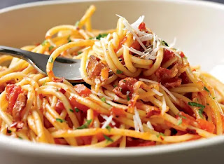 Spaghetti with Spicy Tomato Sauce and Bacon