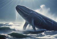 A large humpback whale jumps out of the water against the background of ocean waves.