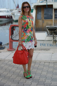 Mini dress for summer, tropical print dress, Longchamp le cuir bag, Fashion and Cookies