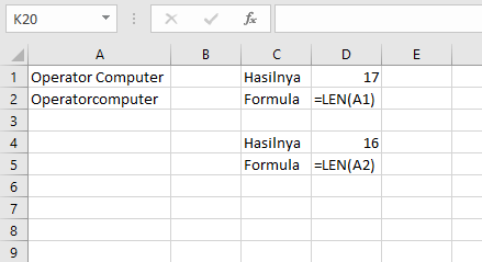 LEN menghitung jumlah karakter dalam sel berikut spasi