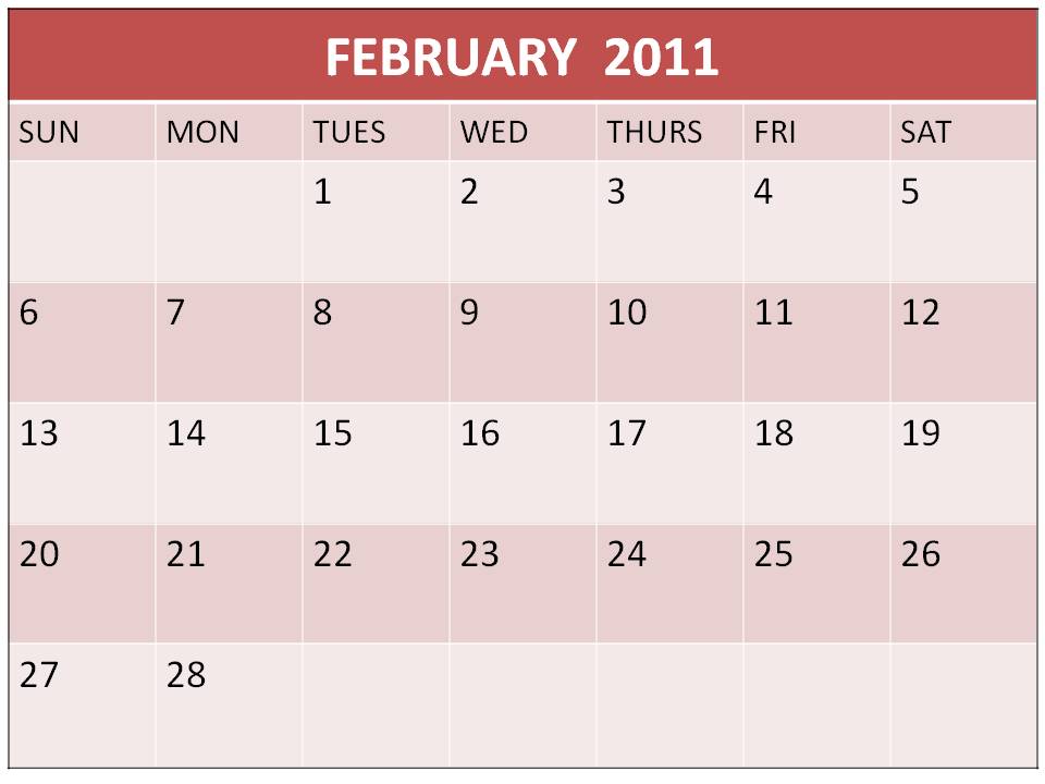 Printable February 2011 Calendar with big fonts and notes