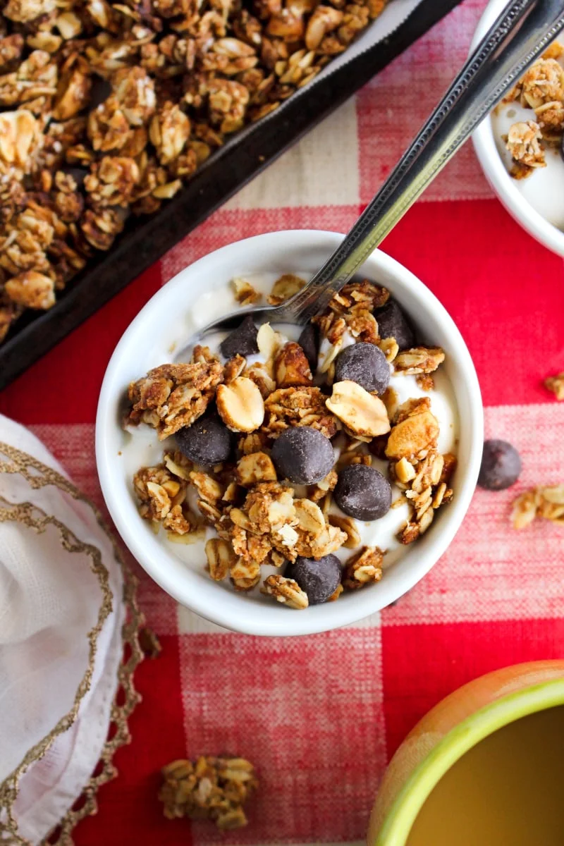 Top view of a white bowl of yogurt topped with Chocolate Chip Peanut Butter Granola on a red and white checkered background.