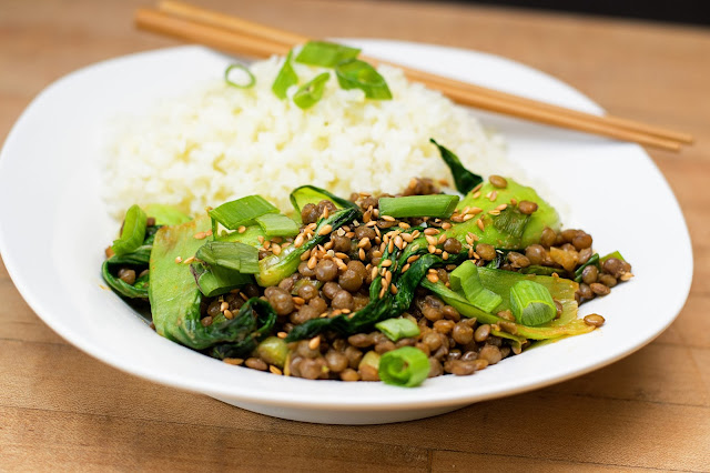 The finished Lentil and Bok Choy Stir Fry with a side of cauliflower rice.  