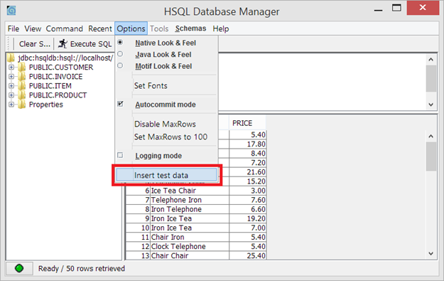 hsqldb agregar datos de prueba