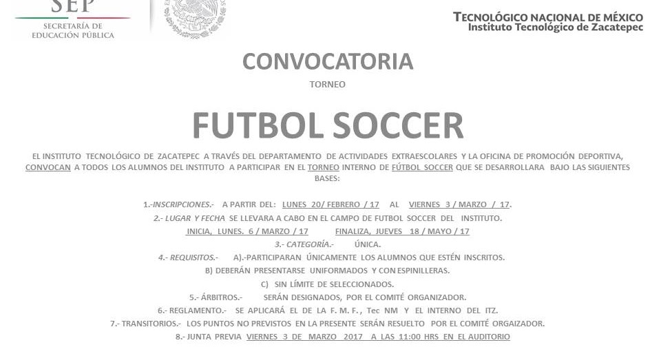It De Zacatepec Convocatoria Torneo Interno De Futbol Soccer