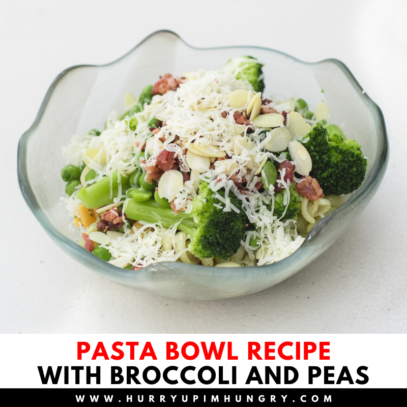 Build your own pasta bowl with peas, broccoli, bacon, cheese, and more!