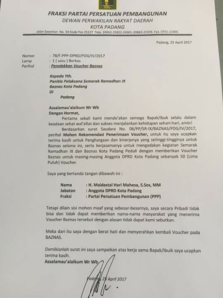 Anggota DPRD Ini Tolak Voucher Zakat dari Baznas Kota Padang, Mahesa: Kami Tidak Termasuk Amil Zakat