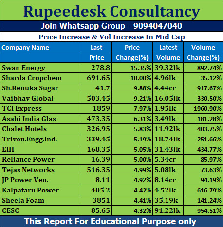 Price Increase & Vol Increase In Mid Cap