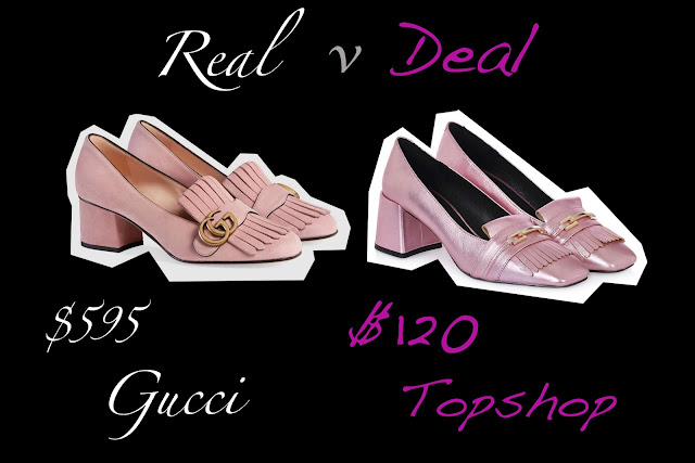 Real versus Deal featuring Gucci pink suede pump an Topshop metallic pump