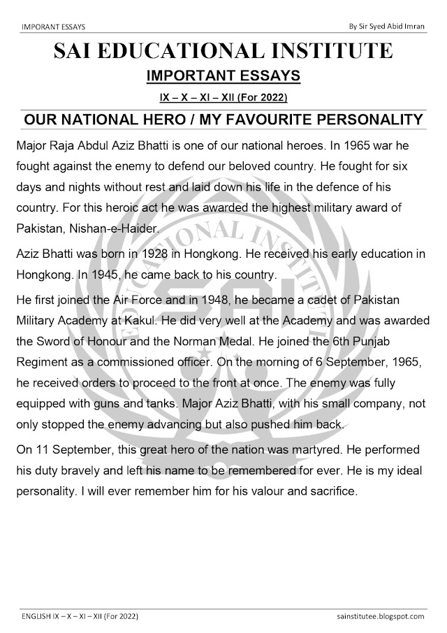 English Essay on OUR NATIONAL HERO / MY FAVOURITE PERSONALITY for 9th - 10th - 11th - 12th 