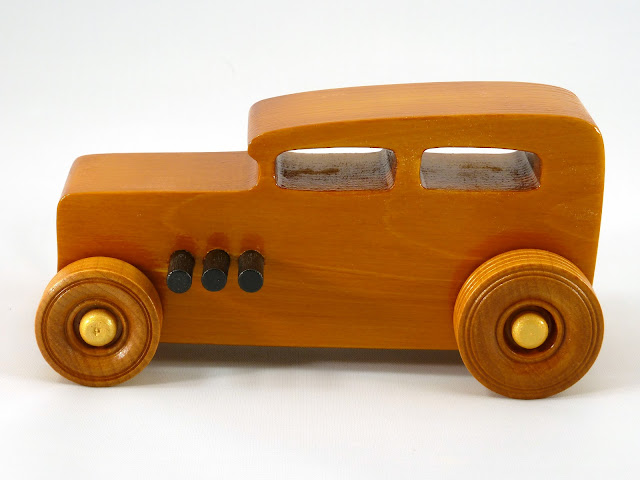 Handmade Wood Toy Car, The 1932 Ford Sedan From the Hot Rod Freaky Ford Series Finished with Amber Shellac and Black and Metallic Gold Acrylic Paint