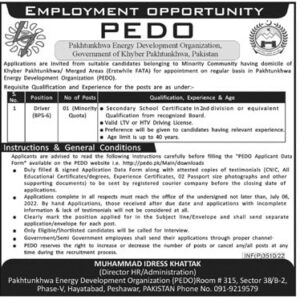 PEDO Driver Jobs 2022 – Pakhtunkhwa Energy Development Organization