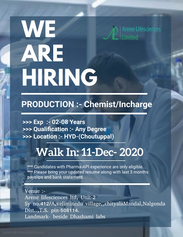 Arene Lifesciences | Walk-in interview for Production on 11th Dec 2020