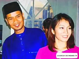 lukisan dua orang pengacara majlis lelaki dan perempuan, pasangan pengacara, baju melayu biru, baju kurung merah jambu