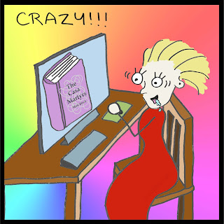 A woman sat at the computer looking excited at a book with the title The Casa Martyrs by Moti Black. In the air above, is the word Crazy.