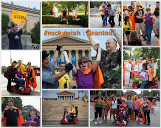 Photo montage of Glenda, Rocky impersonator, boxer Chuck Wepner and the gang at Wish Upon a Hero as they climb the steps at the steps Rocky climbed to the Philadelphia Museum of Art.