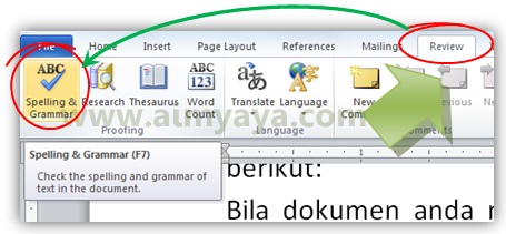  Gambar: Memulai pengecekan ejaan dan tata bahasa (spelling and grammar) di Microsoft word 2010