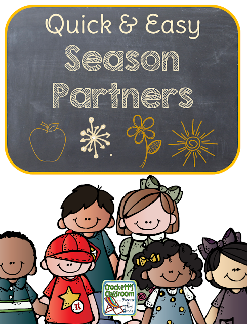  Here's a quick and easy way to get your students into pairs.  At the beginning of the year set them up with 4 other partners, these will be their fall, winter, spring or summer partner.