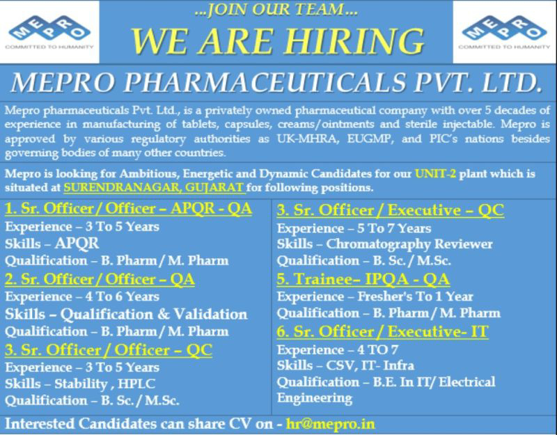 Job Available's for Mepro pharmaceuticals Pvt Ltd Job Vacancy for Fresher's & Experienced in B Pharm/ M Pharm/ BSc/ MSc/ BE In IT/ Electrical Engineering