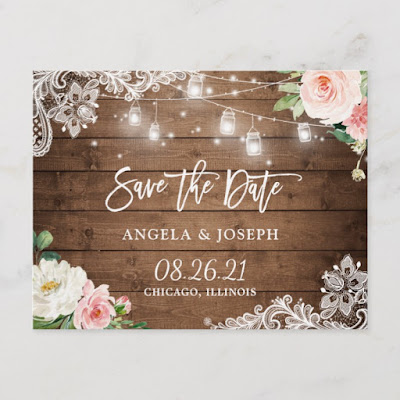  Rustic Mason Jar Lights Lace Wedding Save the Date Invitation Postcard