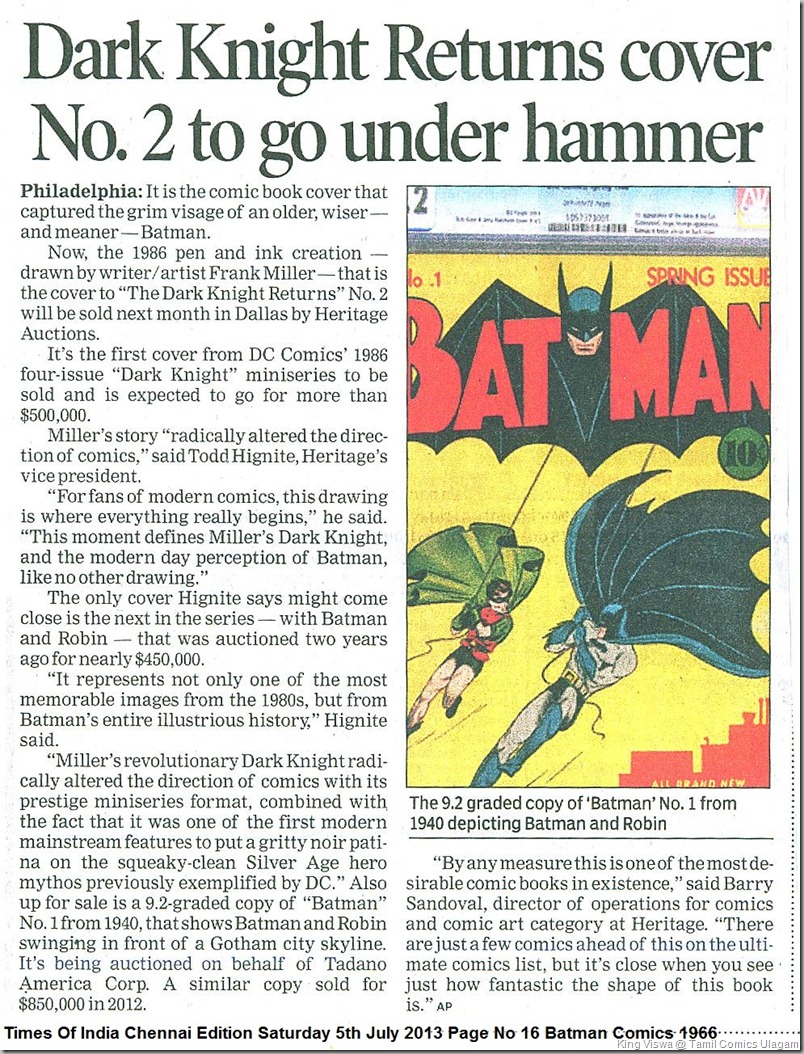 Times Of India Chennai Edition Saturday 5th July 2013 Page No 16 Batman Comics 1966