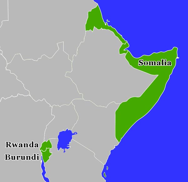 map of eastern Africa with Somalia, Rwanda, and Burundi marked