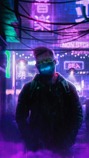 Wallpaper Cyberpunk, Mask, Guy, Neon