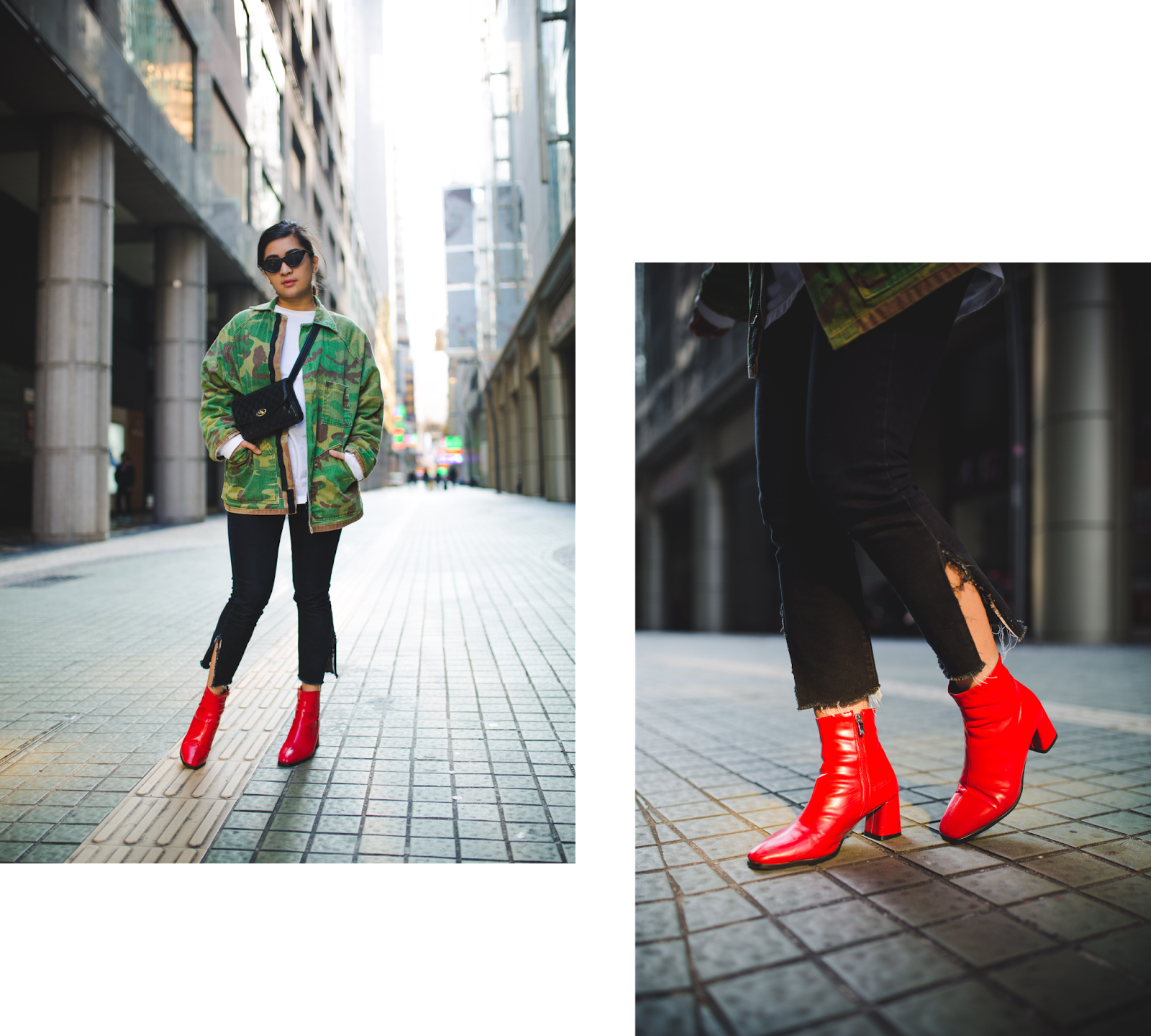 Camo Jacket and Red Boots