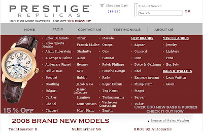 Captura de tela do site de produtos falsificados Prestige Replicas