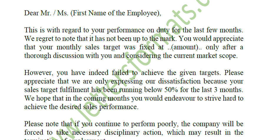 Warning Letter To Employee For Not Achieving Sales Target