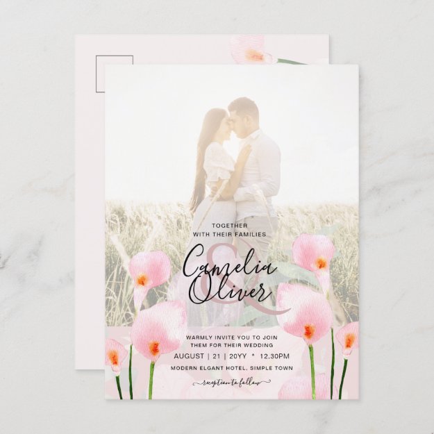 Beautiful Pink Calla Lily Wedding Invitations - Incl. Budget Range - Pretty Bouquet 