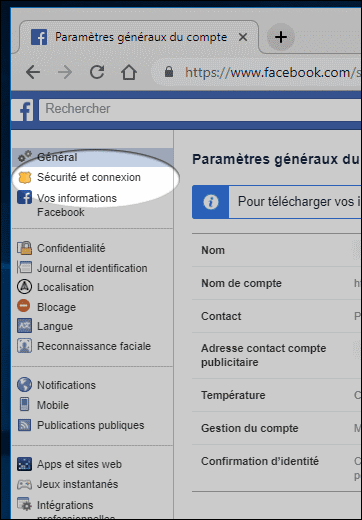 الأمان والاتصال Sécurité et connexion في فيسبوك