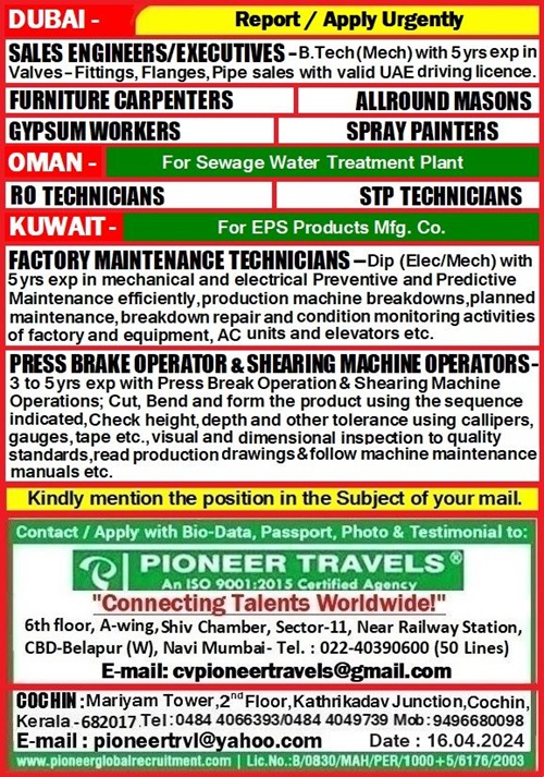 Urgent Requirement Job Vacancy in Gulf, and European Countries