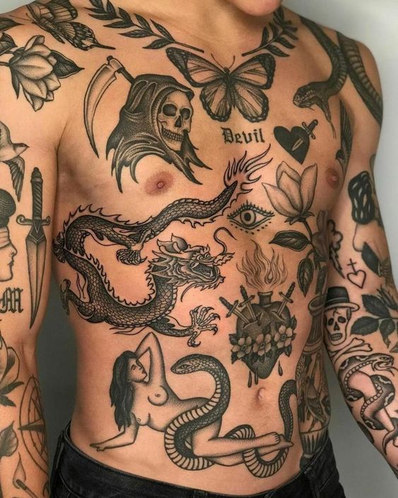 Tatuagens Masculinas Pretas Estilo Old School: