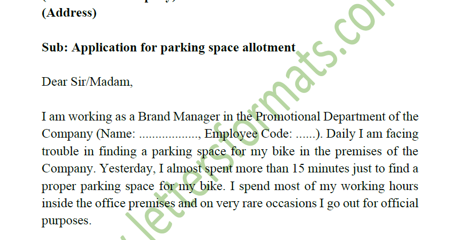 Letter To Society Or Office For Car Bike Parking Space Allotment
