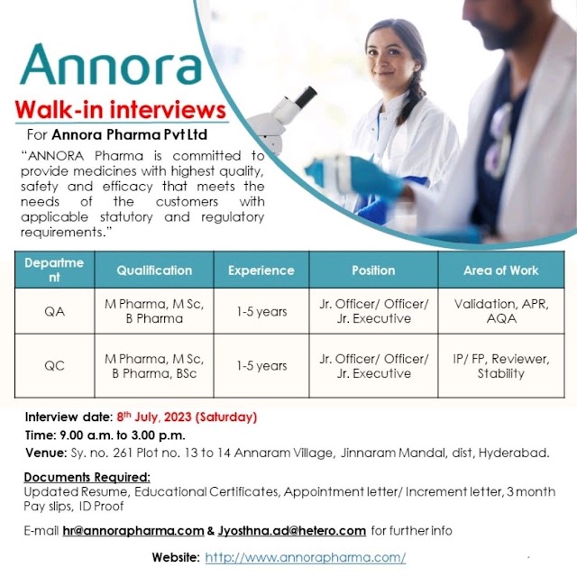 Annora Pharma | Walk-in interview for QC & QA (Formulation) on 8th July 2023