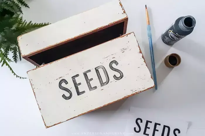 SEEDS painted on wood recipe box