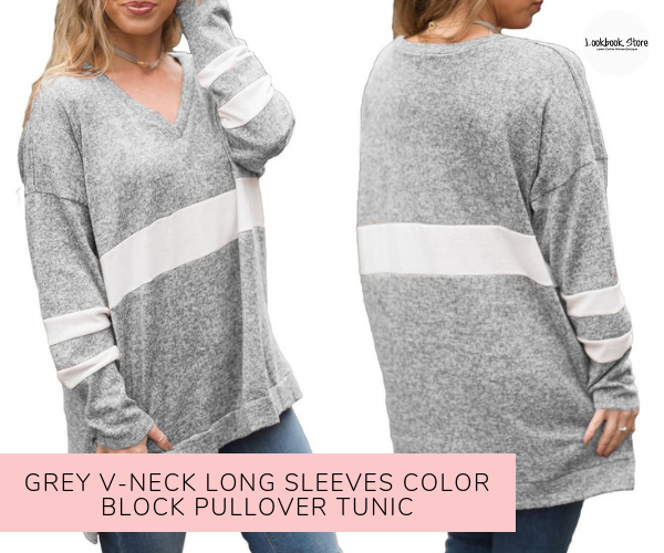 Grey V-Neck Long Sleeves Color Block Pullover Tunic - Lookbook Store