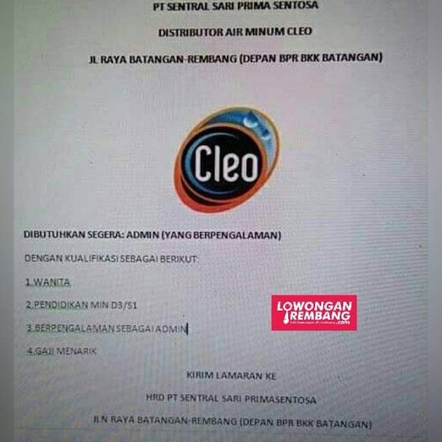 Lowongan Kerja Admin Cleo PT Sentral Sari Prima Sentosa Batangan Pati