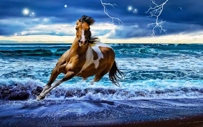 caballo fantastico entre las olas del mar bajo un cielo estrellado