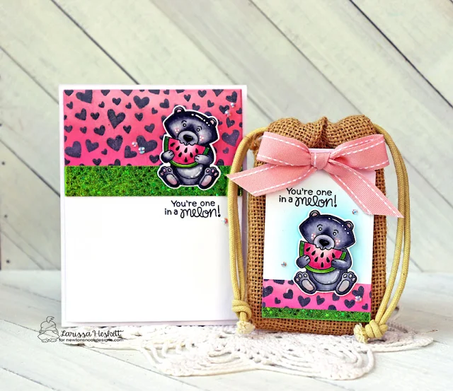 You're One in a Melon by Larissa Heskett for Newton's Nook Designs using Newton's Melon, Woodland Picnic, Tumbling Hearts Stencil and Fancy Edges Tag Die  #newtonsnook #newtonsnookdesigns #newtonsmelon #woodlandpicnic #watermelongiftset