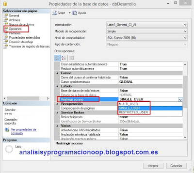 Base de datos en modo MULTI_USER, SINGLE_USER