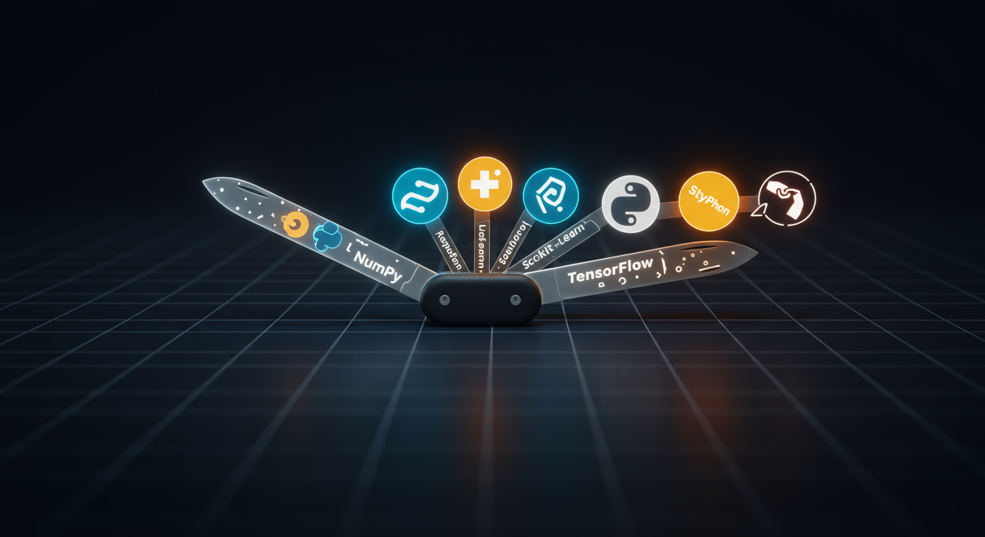 An illustration of the best Python libraries for data science represented as essential tools in a Swiss Army Knife.